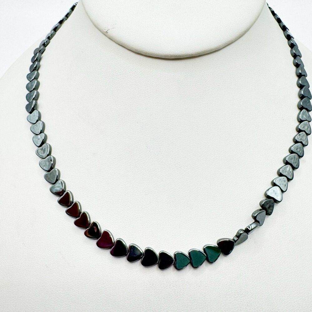 Vintage Hematite Heart Beaded Necklace  Barrel Clasp 16”